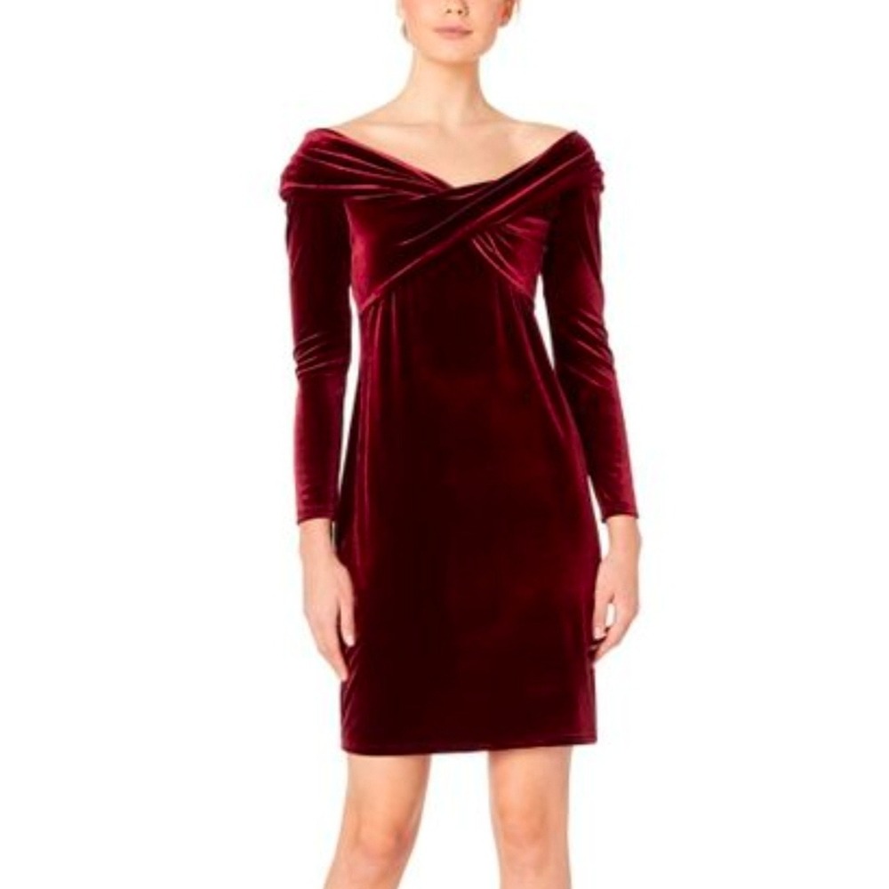 Vince Camuto Women PL Petite Velvet Bodycon Dress Burgundy Off Shoulder Holiday